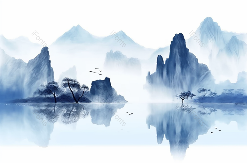 中式蓝色水墨风格山水画云雾山峰飞鸟树木和水面上的倒影,插画/手绘图,插画/手绘图库,插画/手绘图下载,插画/手绘